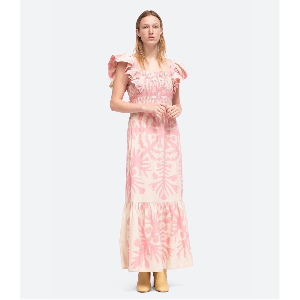 Sea New York Smocked Slip Dress Pink Botanical Cotton Linen Maxi PF21-16121 L